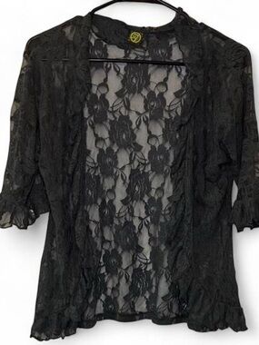 24/7 Comfort Apparel Black Floral Lace Open Cardigan
